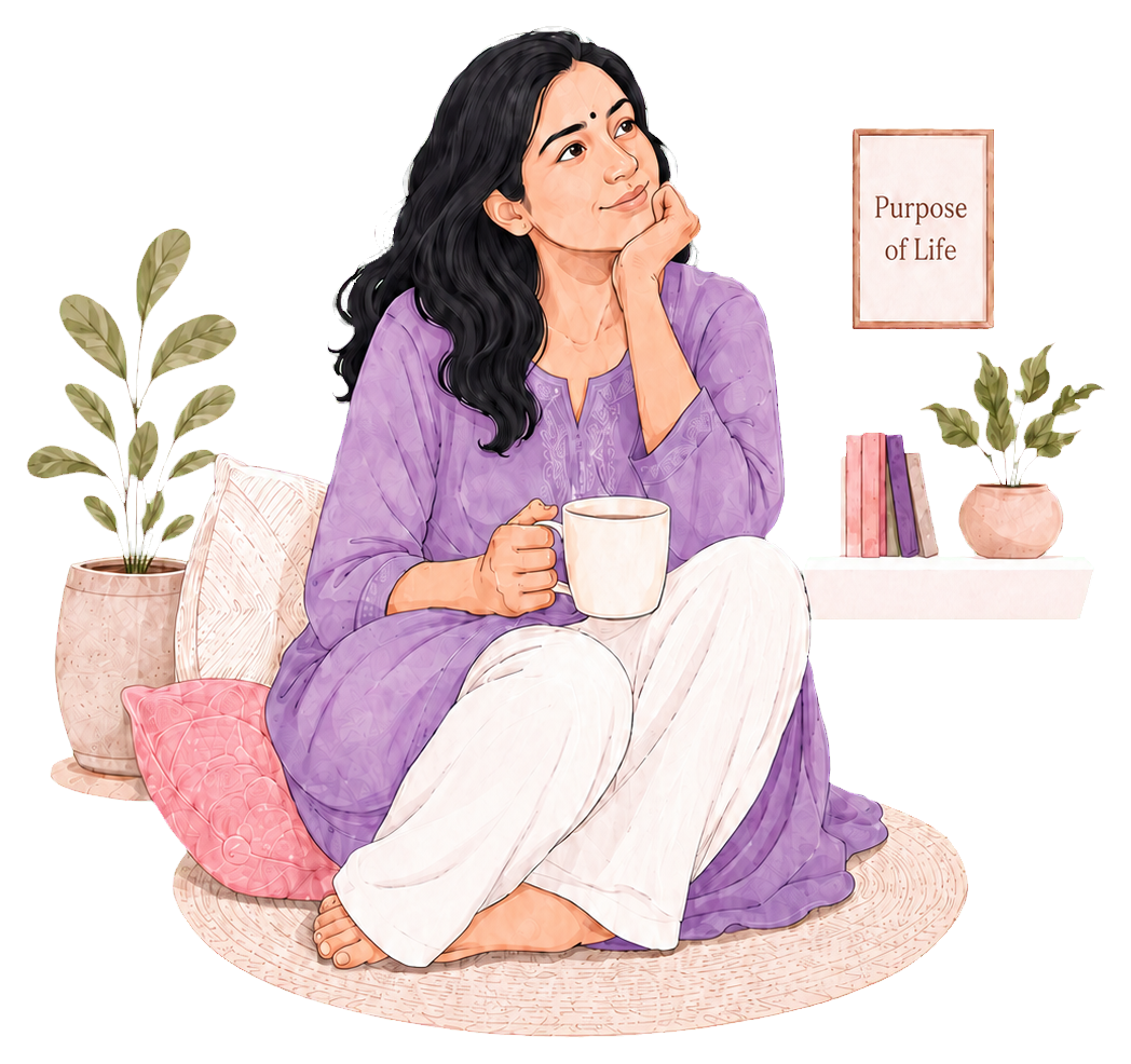 Mother sitting calmly with a warm cup of tea, reflecting in her personal space